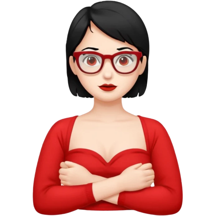 Topless shrug, black hair, red glasses emoji