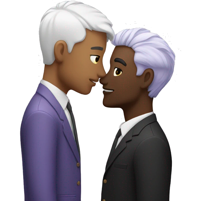 Two men kissing, one of the white with lavender hair and the other person is black with black hair emoji