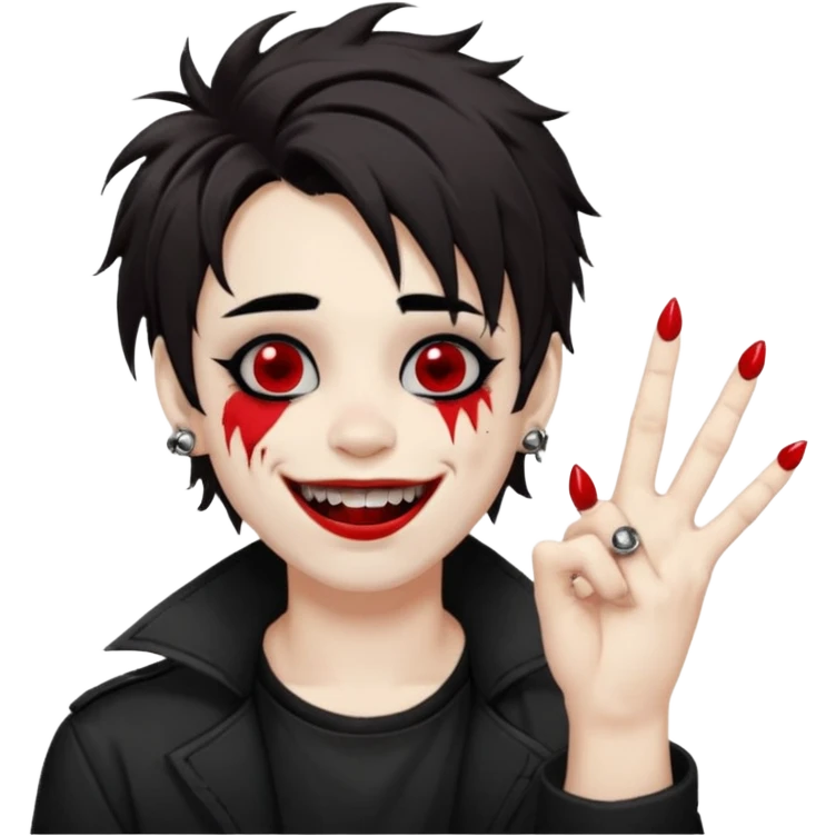 Laughing pale Goth boy with a bunch of face piercings, with shaggy dark brown hair, and messy black eyeliner , smudged, red, lipstick and rock on hand sign emoji