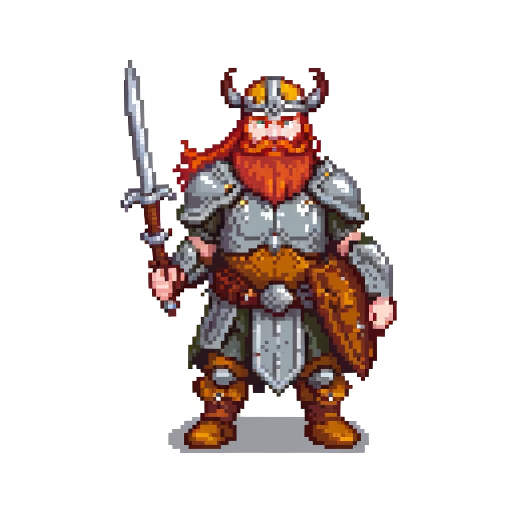 pixel art ginger viking with red beard and armor, running animation frame 4, pushing off ground emoji