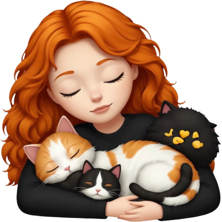short hair Ginger Girl sleeping with a black and a white bigger cat  emoji