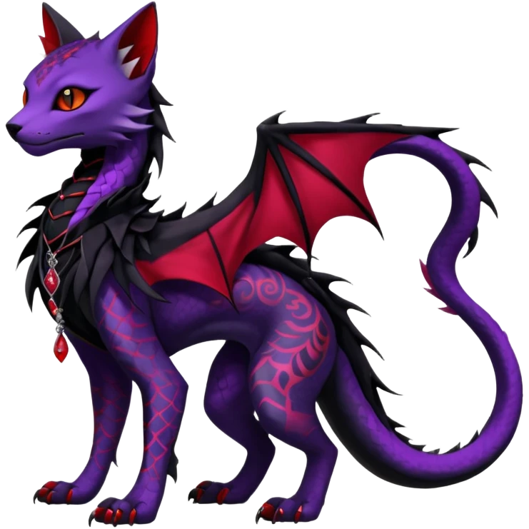 Kawaii feral, four-legged gothic dark badass black, red, purple, beautiful pretty elegant divine edgy feline-vernid-sergal-Haku-dragon-fursona-animal-creature, full body, with intricate detailed markings, silken shawl emoji