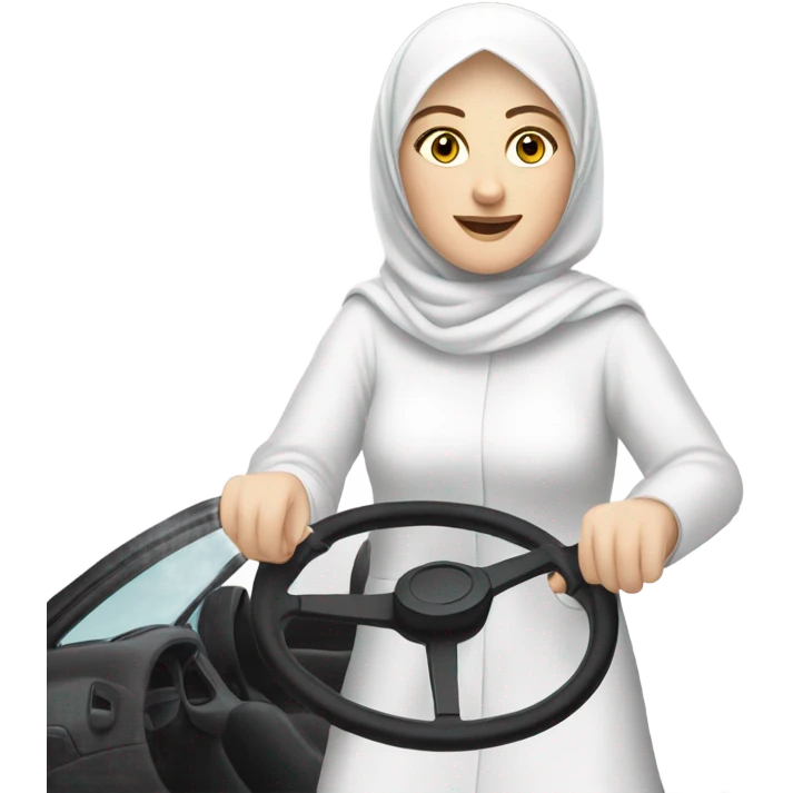 White skin, white hijabi women drives a car, steering wheel emoji