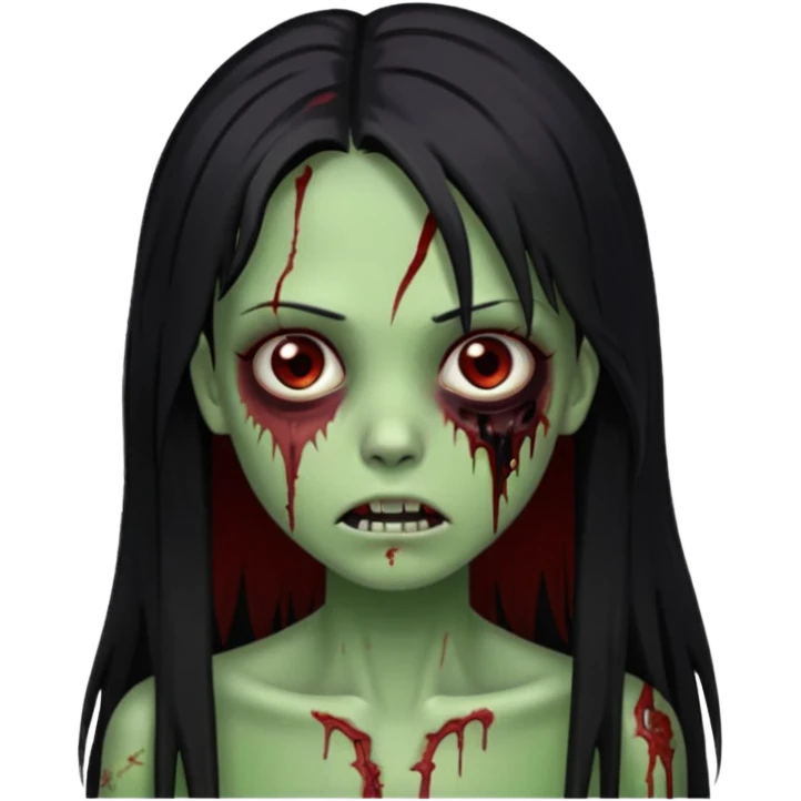 Garota zumbi com cabelo todo preto liso, longo e mechas vermelhas na lateral da cabeça dos dois lados. Olhos castanhos escuros, pele esverdeada como se estivesse podre e vários ferimentos  emoji