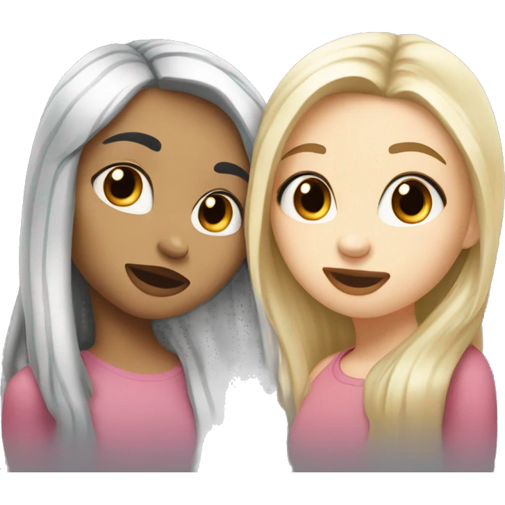 Girl kissing another girl on the cheek, both blushing. They both have white skin and long black hair emoji