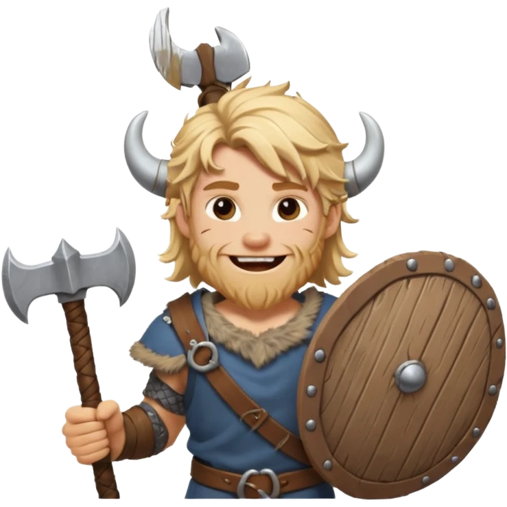 A young Viking warrior with messy blond hair, wooden shield, and fierce excited grin.
 emoji