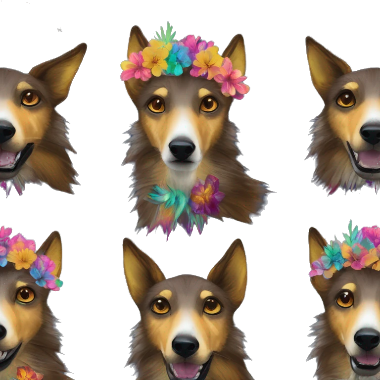  brindle brown black maroon gold lurcher Alsatian fox running blue eyes and iridescent holographic oilslick harness wearing paper iridescent tropical flower crown yellow caution tape emoji