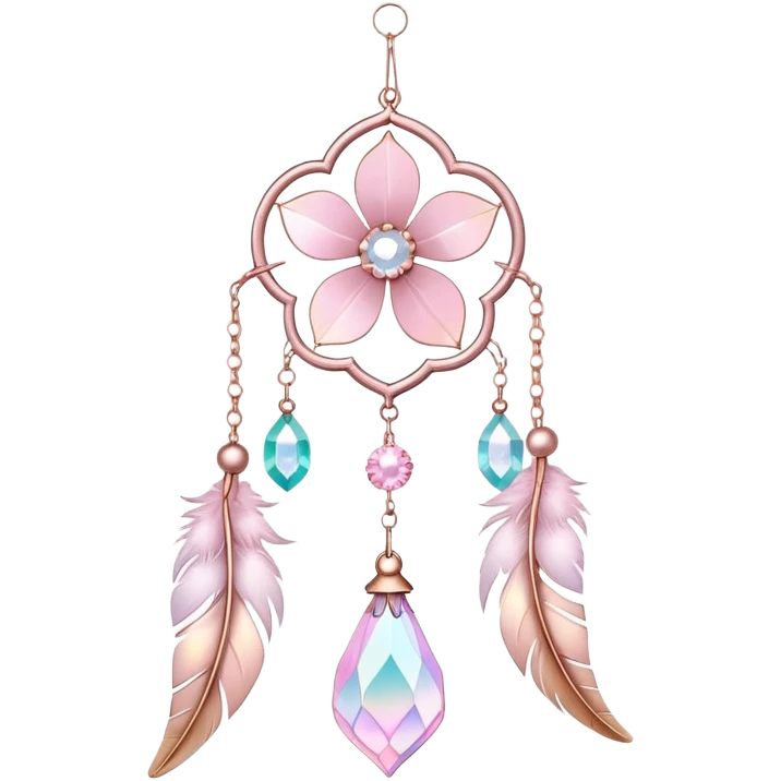 Hanging Iridescent pastel pink sakura crystals white-pearly suncatcher with bells and feathers emoji