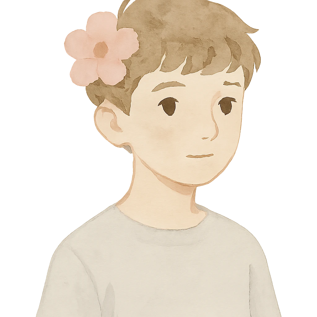 a boy with fluffy, wavy short hair and brown eyes, wearing a light grey t-shirt and a light pink flower on his head, watercolor art style emoji