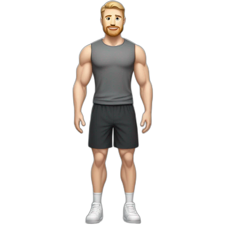 Full height Pale skinned fit man With biceps, Realistic eyes, light brown hair and very short beard In dark gray sleeveless mike, black oversize sports shorts, watch and white sneakers. emoji