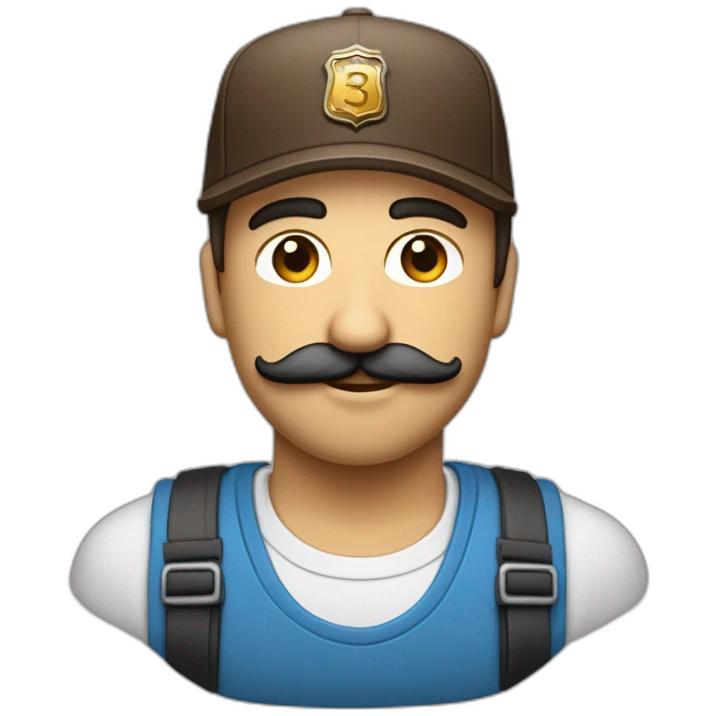 un développeur devant son ordinateur brun cheveux mi long une raie au milieux avec écouteur yeux bleus casquette et moustache peau normal emoji