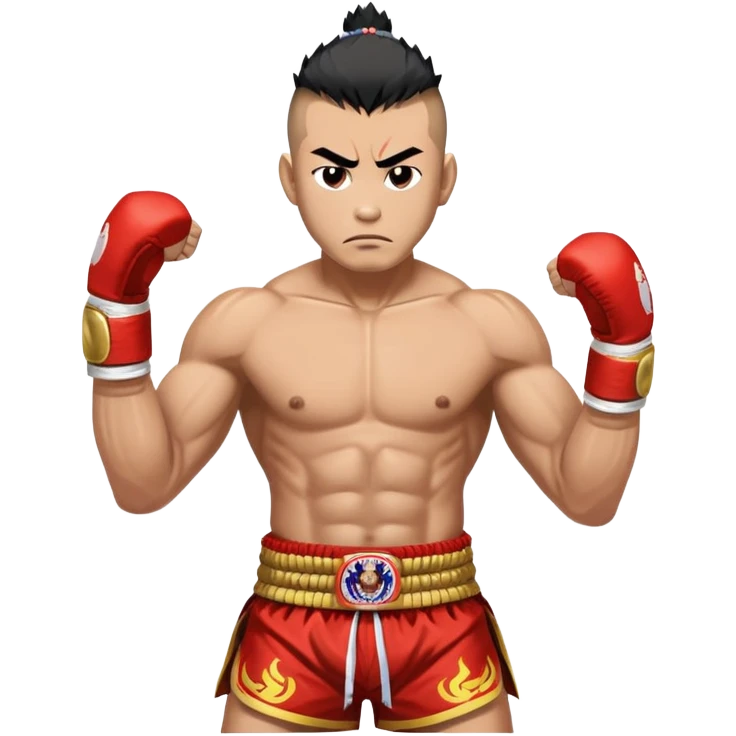 Rodtang Jitmuangnon the Iron Man, fierce Muay Thai fighter with mohawk hairstyle, intense expression, muscular build, wearing mongkhon headband and traditional Muay Thai shorts emoji