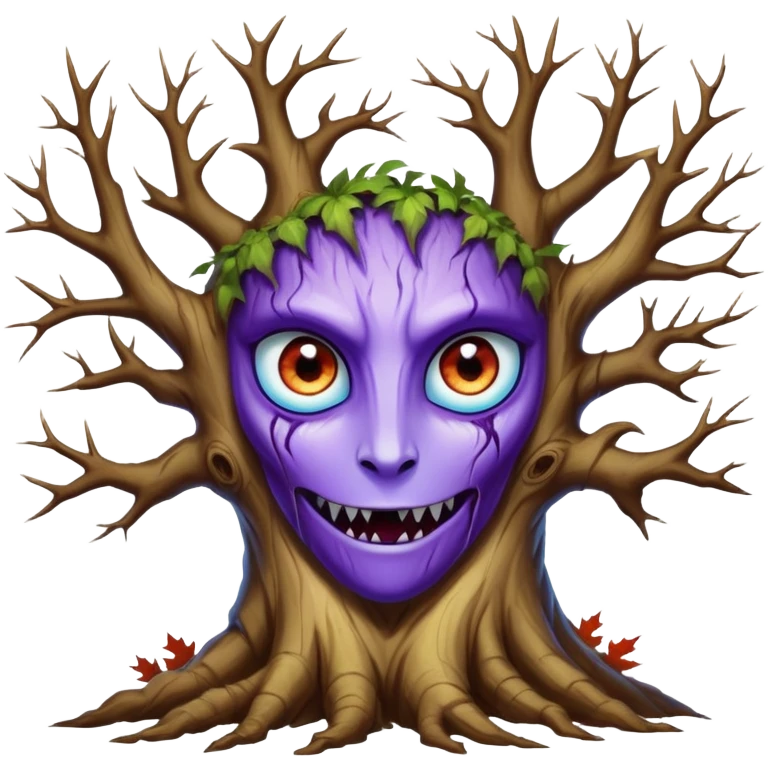 An ancient, psychic tree evolves by absorbing the essence of fallen autumn spirits, sprouting a radiant, maple-crowned face that channels both forest wisdom and fiery seasonal magic through its gnarled. Purple eyes, blue eyes sharp teeth,  emoji