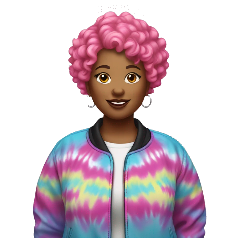 Plus size black woman with pink curly pixie cut hair and a tie dye jacket  emoji