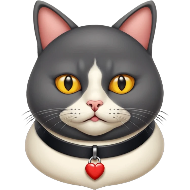 Un gato negro gordito con los ojos de color amarillos sentado con un collar que diga: waina michi emoji