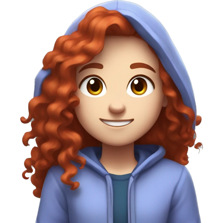 a white girl with long red curly hair and freckles, wearing periwinkle Minecraft hoodie playing a videogame smiling emoji