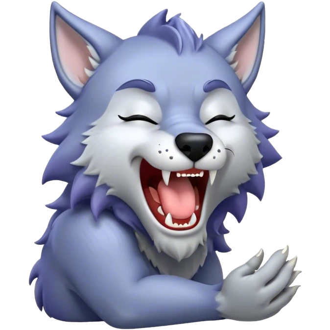 Cinematic Cute Yawning Werewolf Portrait Emoji, with a cuddly, miniature lupine form in soft moonlit grays and silvers, head leaning back in a big, adorable yawn that reveals a few fuzzy teeth, simplified yet irresistibly charming, highly detailed with a soft glowing outline that captures the drowsy, playful essence of a werewolf mid-nap! emoji