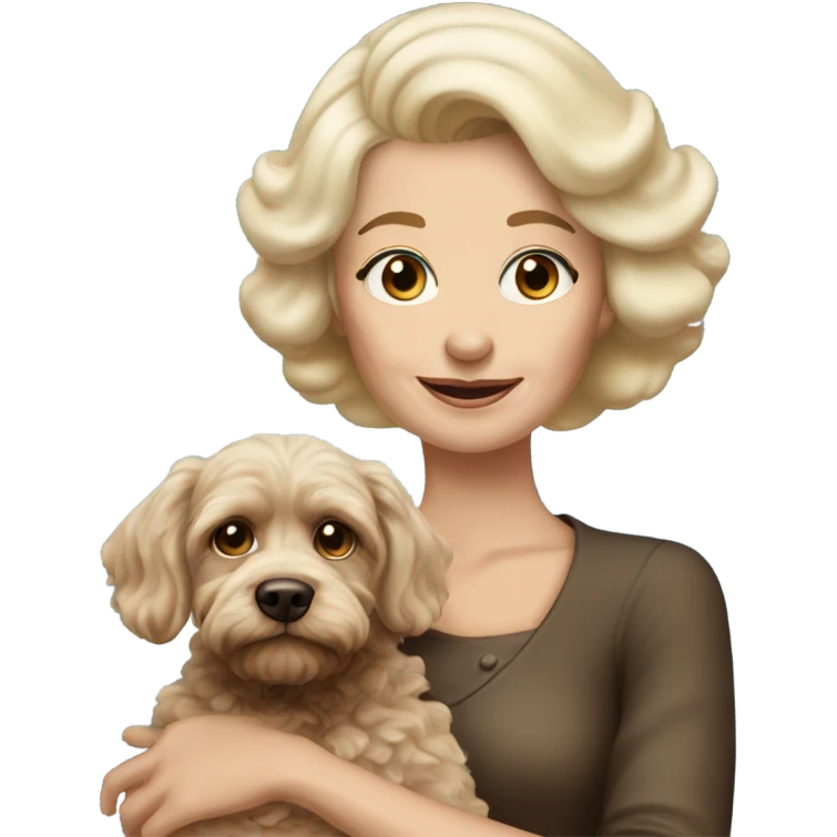 blue eyed old blonde lady with dark brown Cockapoo puppy dog emoji