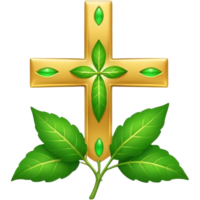 "A clean, friendly emoji of three vibrant green Tulsi (Holy Basil) leaves centered over a small, glowing golden cross or 'plus' sign, symbolizing healing. Simple, flat, 32x32 pixel icon style. Transparent background. Icon for natural healing and wellness." emoji
