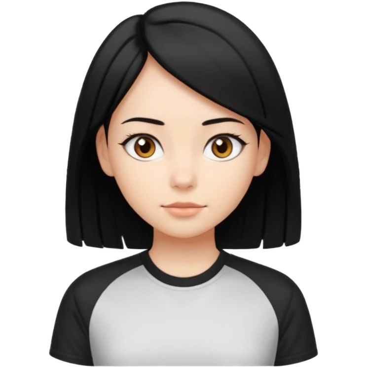 Make a girl with jet black hair that is straight  and length till shoulders| brown eyes | oval head| an aesthetic style| sporty shirt emoji