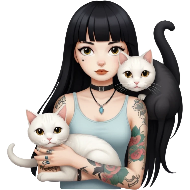 girl with long black  straight bangs hair and tattoos and a white cat emoji
