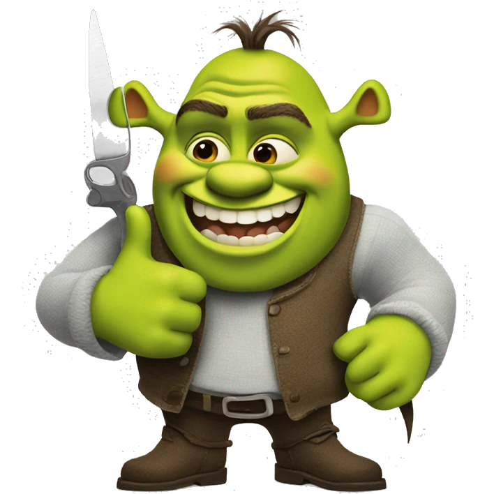 Shrek holding a thumbs up with scissors in his other hand emoji