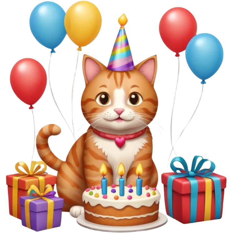 Ginger tabby cat celebrating birthday, birthday hat, birthday cake, balloons, happy, gifts emoji