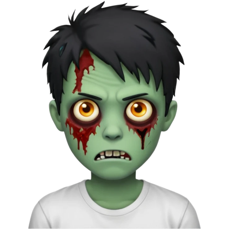 Rosto de frente classico de zombie boca meio torta cabelos medios grandes pretos bagunçados low fade com pele verde clara camiseta branca sem nenhum sangue no rosto e com cabelo bem adolescente e bagunçado emoji