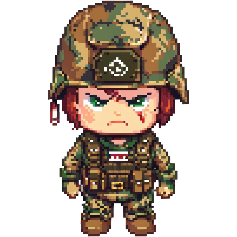angry soldier, pixel art, frowning, camouflage outfit emoji
