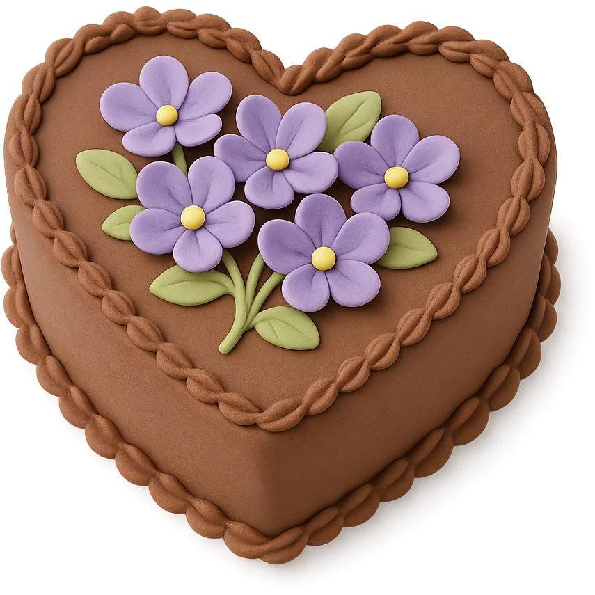 heart-shaped chocolate fondant cake with piped violets, transparent background emoji