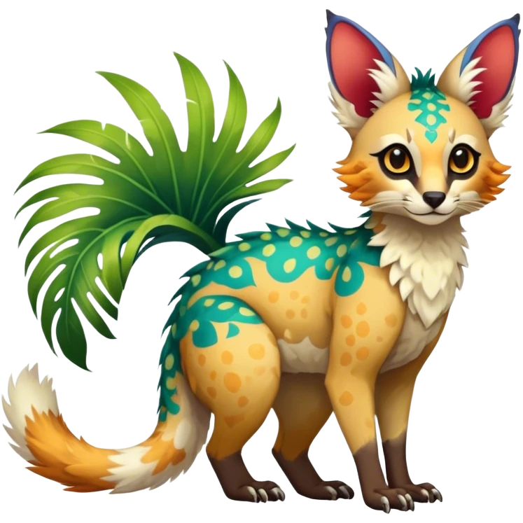 Feral Rare Fantasy vibrant colorful tropical Vernid-Trico-species by LiLaiRa, random markings, tufted tail, tufted ears, full body emoji