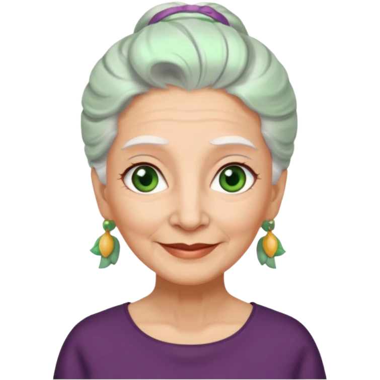 abuela con ojos verdes, pelo blanco, pelo blanco y amarrado, aspecto feliz emoji