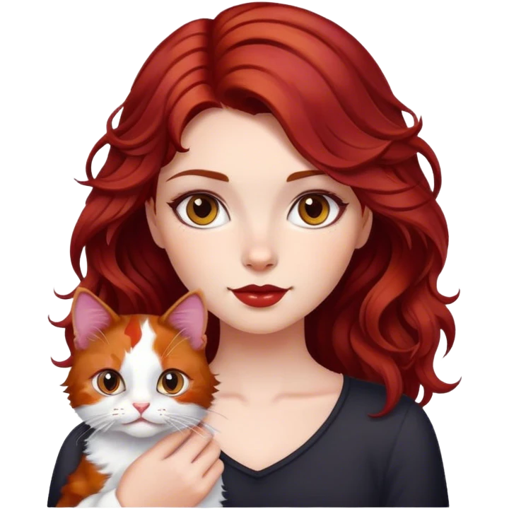 a girl with dark red cherry wavy hair with her cute calico cat emoji