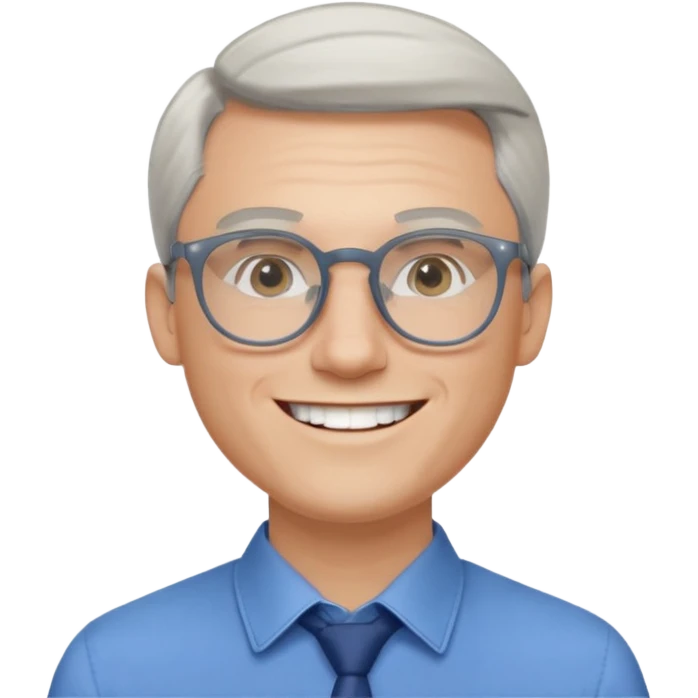 30 yr old pale white man, white/grey side swept stylish hair, round glasses, big smile, white teeth, handsome, longer hair, thin glasses, blue dress shirt emoji