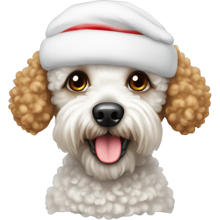 White toy poodle wearing Santa hat emoji
