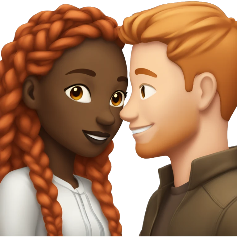 black girl with light brown braids kisses white man with red hair emoji