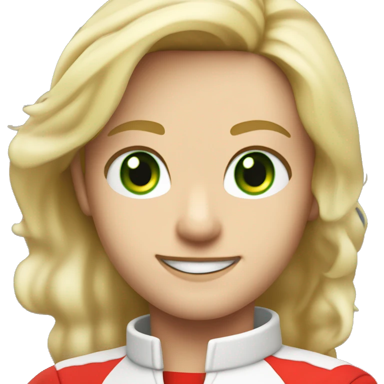 Create a Formula 1 driver, straight, blonde hair pulled to the side, green eyes, red Ferrari markings, smiling and with arms crossed emoji
