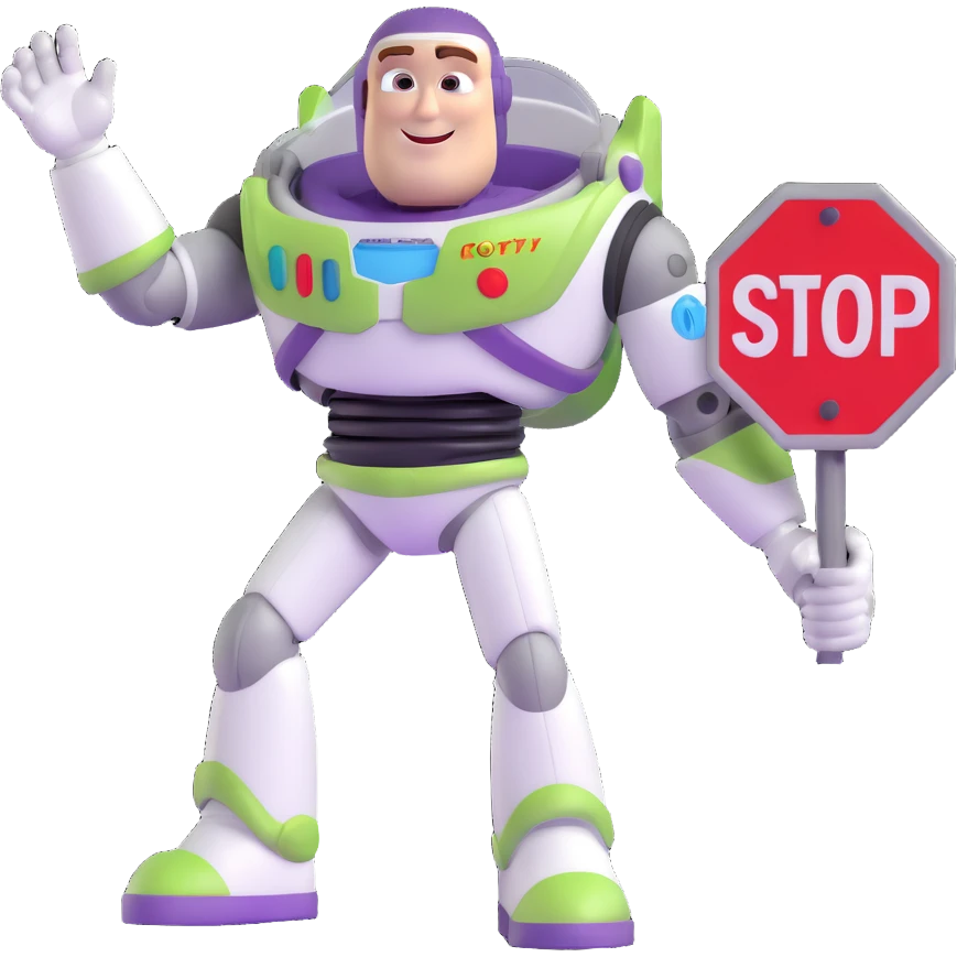 Buzz Lightyear character with a red stop sign above him emoji