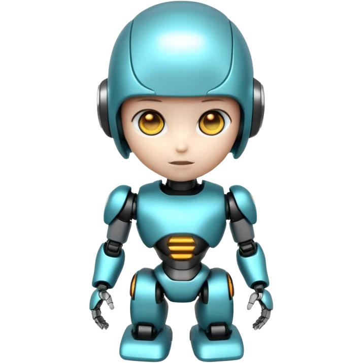 Cute futuristic chibi humanoid robot with large rounded head, add text on chest "LMX". glossy black and grey metal body, glowing cyan and amber eyes, visible joints, confident pose, white background, high-detail 3D render,  emoji