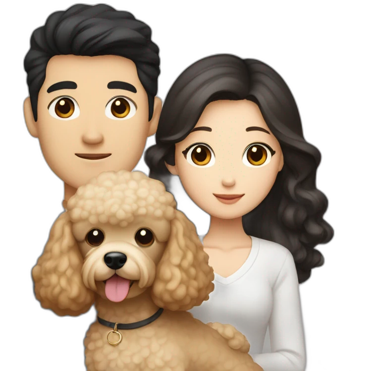 A couple consisting of asian korean man with black eyes and black hair and white girl with long straight blonde hair and brown eyes with brown toy poodle emoji