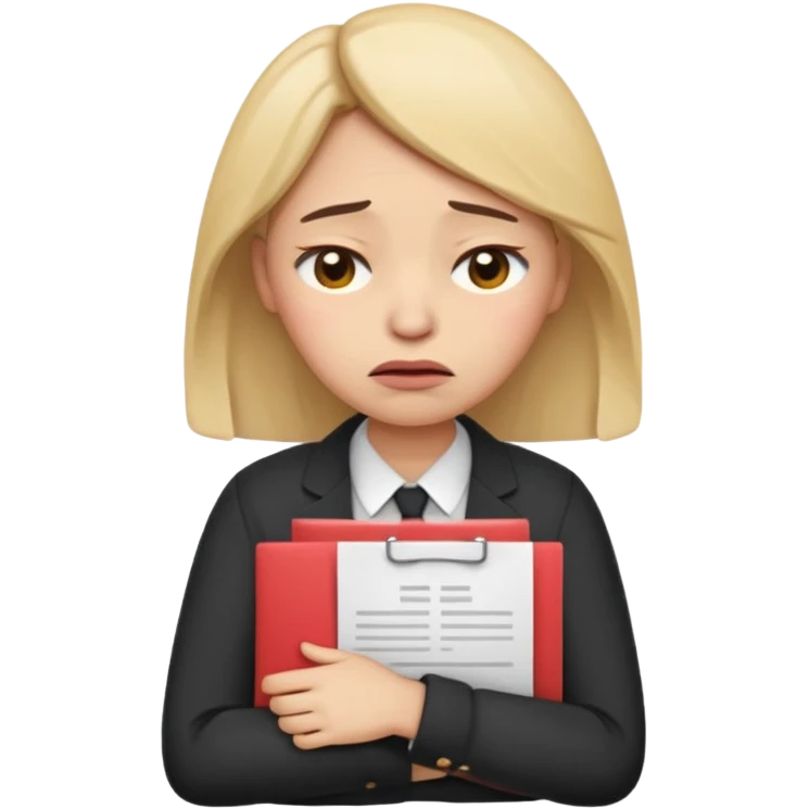  emoji character wearing a interview clothoes. face has a very sad crying, disappointed expression with drooping eyebrows and half-closed eyes. posture is dejected, with slumped shoulders. just rejected from  interview to get a job, holding CV. dont make it old person and make it woman. emoji