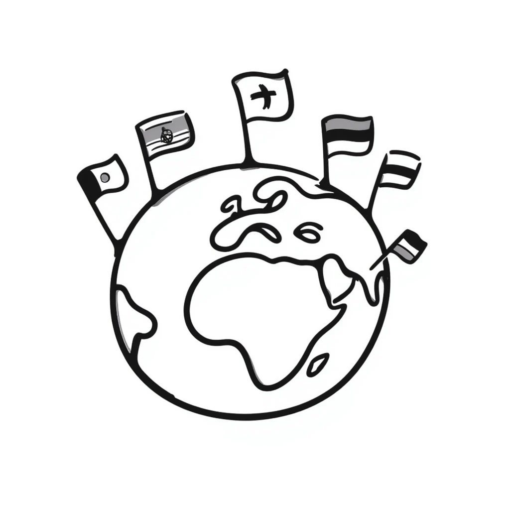 Hand-drawn globe with small country flags from different nations sticking out from the continents emoji