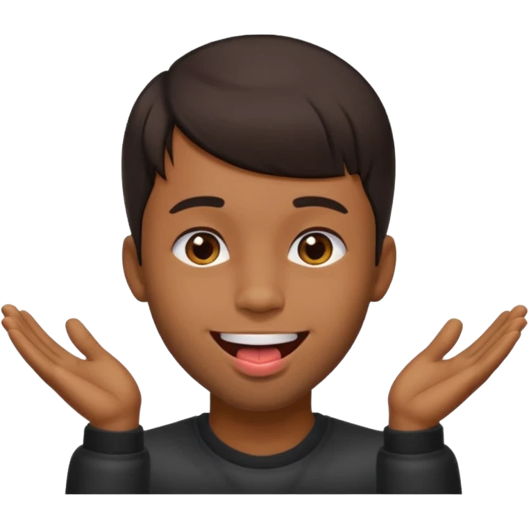 A brown skin guy with dark bangs hairstyles that is his covering forehead, his head is tilted back a bit and his tongue is out emoji