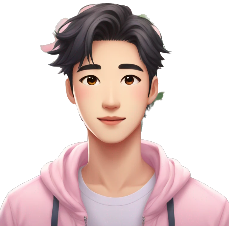 Gorgeous bright sparkly romantic Asian anime pastel guy with blushing face and flowers aesthetic trending style outside emoji