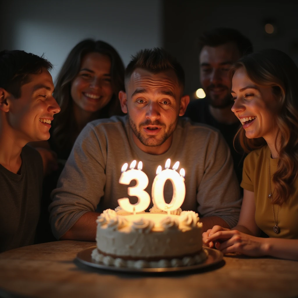 hyperrealistic 4K scene of a man blowing out candles on a cake with the number 30, ironic or worried expression, friends smiling and watching, festive atmosphere emoji