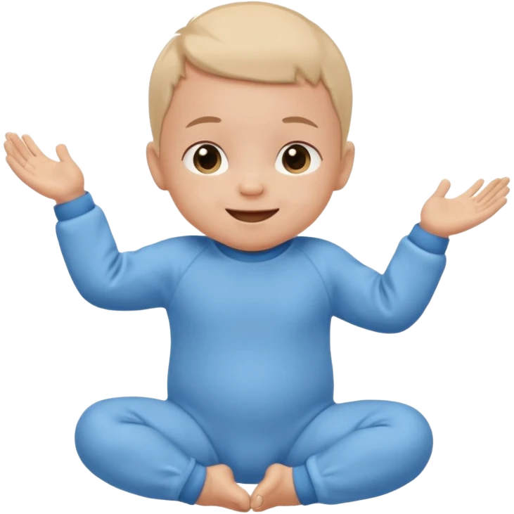 A smiling newborn baby wearing a blue onesie, moving its arms and hands. emoji