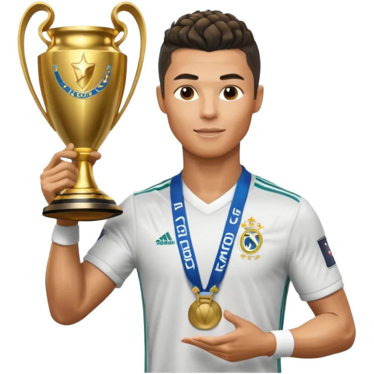Cristiano Ronaldo holfing the champions league with noodle hair a bit longer noodle hair with a bit of blonde highlights and tge hair xoming down a bit just a bit of blonde not completely emoji
