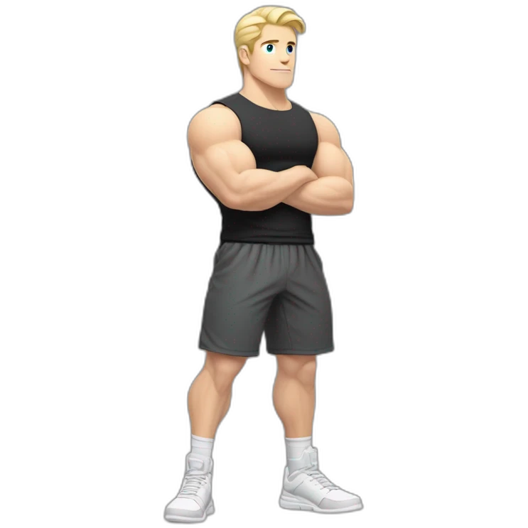 Full height Pale skinned fit man With Wide jaw, biceps and blonde hair In dark gray sleeveless mike, black oversize sports shorts, watch and white sneakers. his arms crossed over his chest emoji