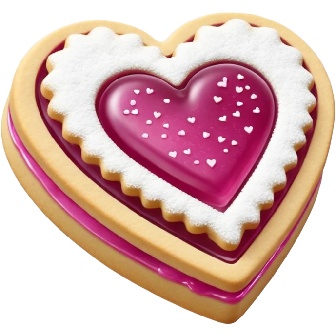 Realistic shortbread cookie in the shape of a heart with light margenta jelly middle filling and sprinkled powder sugar on top. emoji