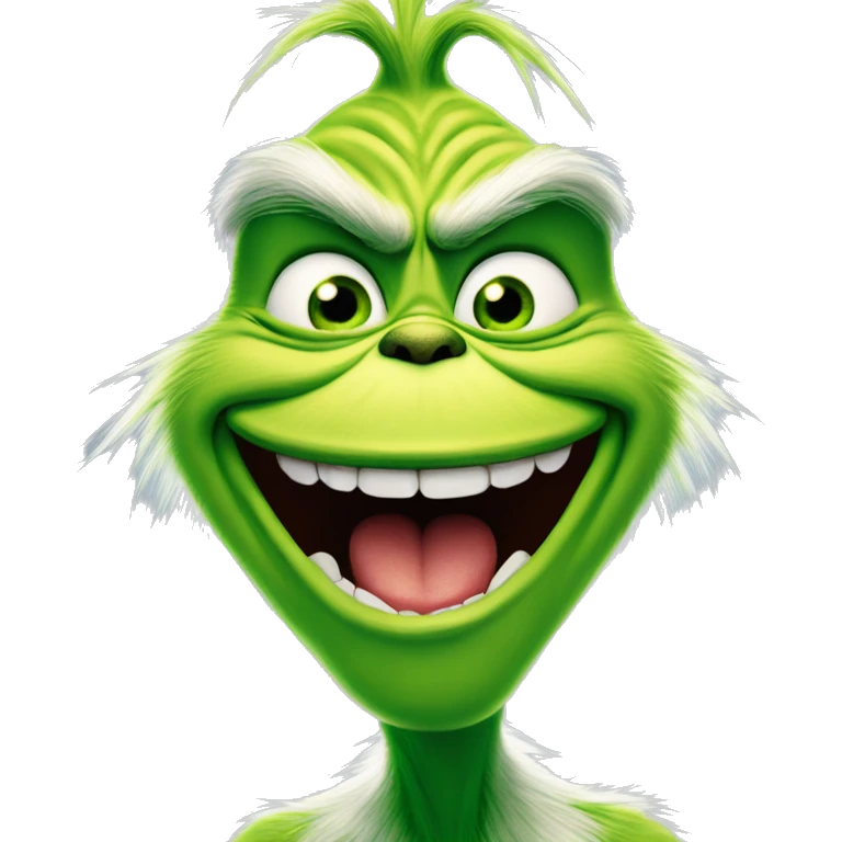 The grinch smiling maniacally with full teeth while making eye contact with the camera emoji
